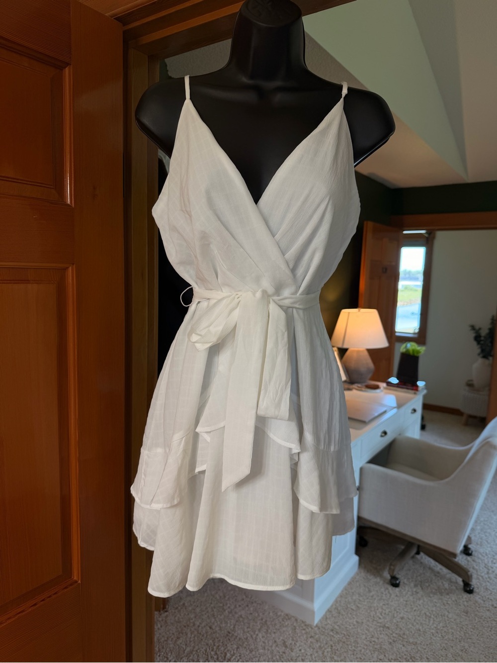 miami White Tiered Wrap Mini Dress with Waist Tie